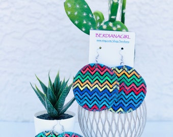 Reversible Fabric Disc Earrings: Rainbow Quilted Ankara Dangles
