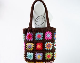 crochet tote bag, granny square boho bag, afghan purse, handmade bag, shoulder bag,  colorful flower bag, big size bag, special gift for her