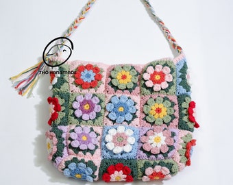 crochet tote bag, granny square boho bag, afghan purse, handmade bag, crochet shoulder bag, crochet colorful flower bag, unique gift for her