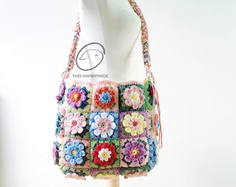 crochet tote bag, granny square boho bag, afghan purse, handmade bag, shoulder bag,  colorful 3D flower bag, big size bag, idea gift for her