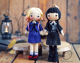 Wednesday Addams crochet amigurumi, crochet wednesday stuffed doll, gothic doll, handmade doll, unique christmas gift, special gift for kid