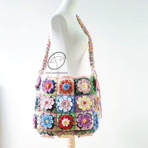 häkeln Einkaufstasche, Oma Quadrat Boho Tasche, afghanischer Geldbörse, handgemachte Tasche, Schultertasche, bunte 3D Blumen Tasche, große Tasche, Geschenkidee für sie