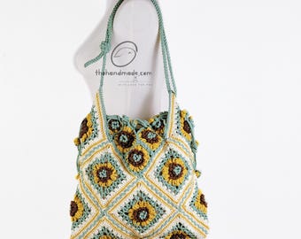 crochet tote bag, granny square boho bag, afghan purse, handmade bag, shoulder bag,  colorful 3D flower bag, big size bag, idea gift for her