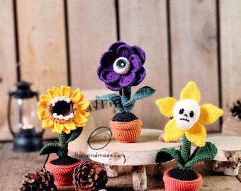 eye flower crochet amigurumi, devil flower stuffed, crochet monster flower toy, skull flower crochet, halloween gift