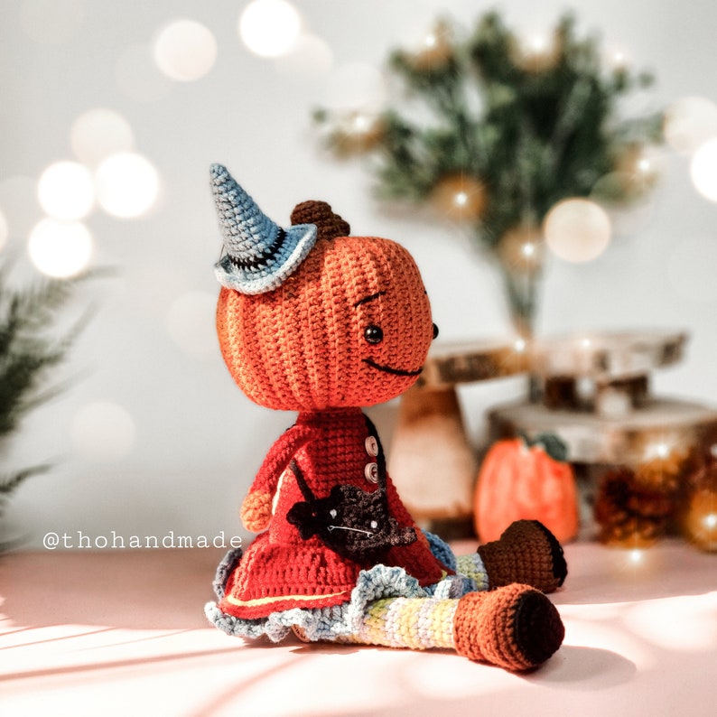 Crochet doll for sale, amigurumi toy for sale, amigurumi doll for sale, pumpkin doll, stuffed pumpkin witch doll, cuddle doll, gift for kid image 5