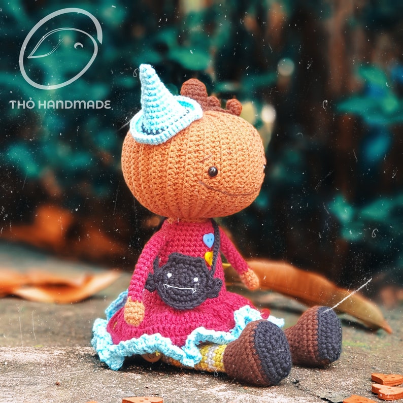 Crochet doll for sale, amigurumi toy for sale, amigurumi doll for sale, pumpkin doll, stuffed pumpkin witch doll, cuddle doll, gift for kid image 6