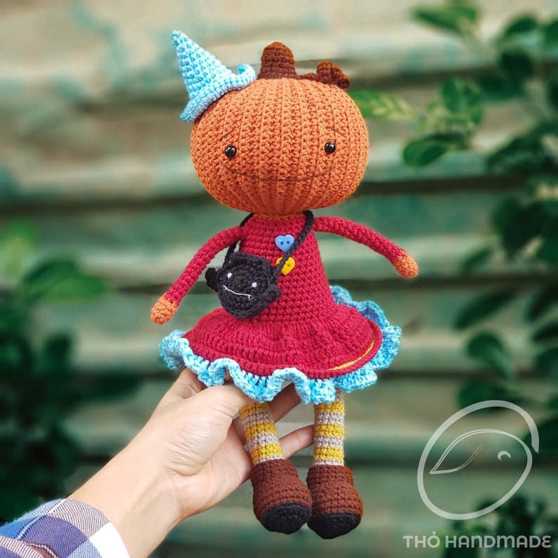 Crochet doll for sale, amigurumi toy for sale, amigurumi doll for sale, pumpkin doll, stuffed pumpkin witch doll, cuddle doll, gift for kid image 8