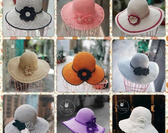 Crochet hat for sale, Handmade wide-brimmed hat, beach hat, Sun Hat, Formal Hat, flower hat, bow hat handmade Girls brim hat 100% Handmade