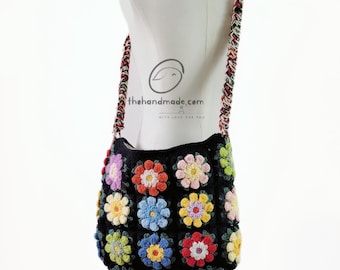 crochet tote bag, granny square boho bag, afghan purse, handmade bag, shoulder bag,  colorful 3D flower bag, big size bag, idea gift for her