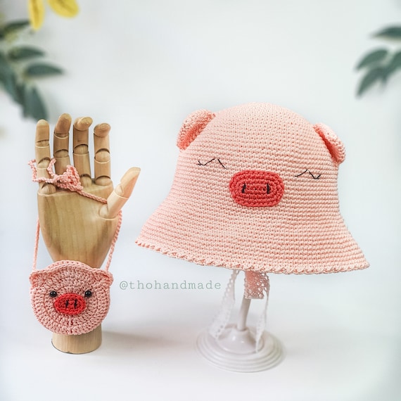 crochet piggy hat for kid, crochet baby sun hat, handmade hat, floppy sun hat, sun protector for baby, baby toddler hat (combo hat & bag)