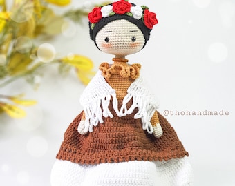 crochet doll Frida Kahlo, crochet doll for sale, amigurumi doll for sale, amigurumi Mexican doll, stuffed doll, cuddle doll, amigurumi Frida