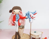 crochet doll for sale, amigurumi doll for sale, jockey girl & unicorn hobby horse, amigurumi equestrian doll and stick horse, English rider