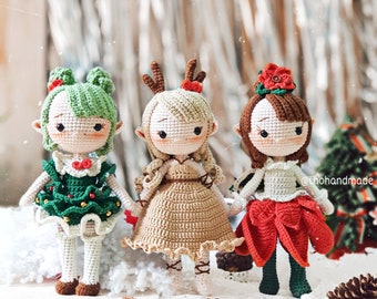 crochet amigurumi christmas elf doll, Amigurumi Elf, Princess Reindeer Elf, Princess Poinsettia Elf, Princess Tree Elf, idea christmas gifts
