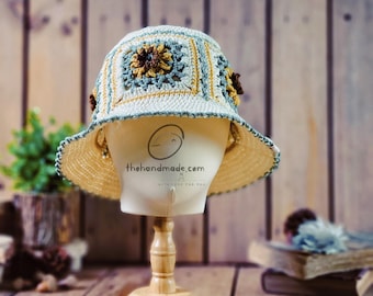 crochet bucket hat, crochet granny square hat, sunflower hat crochet, handmade hat, hippi hat, crochet colorful flower hat, gift for her