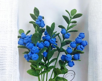 Crochet Blueberry Branch, Handmade Knitted Berries, Artificial Berry Stem for Vase, Crochet Fruit Decor, Housewarming Gift, Forever Flowers