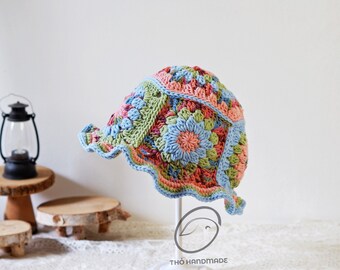 crochet bucket hat, crochet granny square hat, crochet beanie, handmade hat, hippi hat, crochet colorful flower hat, unique gift for her