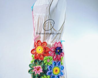 crochet tote bag, granny square boho bag, afghan purse, handmade bag, shoulder bag,  colorful 3D flower bag, idea gift, gift for her