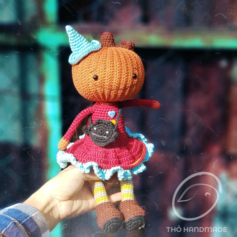 Crochet doll for sale, amigurumi toy for sale, amigurumi doll for sale, pumpkin doll, stuffed pumpkin witch doll, cuddle doll, gift for kid image 7