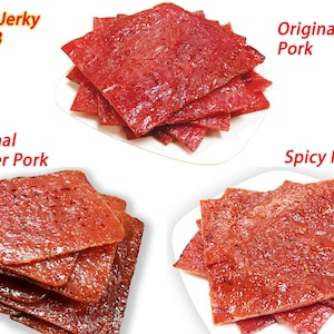 Variety Pack #3 Singapore-Style Fire-Grilled Pork Jerky (12oz), includes Spicy Pork 4oz, Original Tender Pork 4oz, Original Pork 4oz.