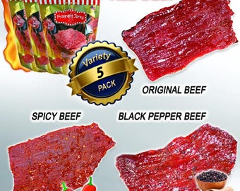 Variety Pack #5 Singapore-Style Fire-Grilled Beef Jerky (12oz), includes Original beef 4 oz, Spicy Beef 4 oz, Black Pepper Beef 4 oz