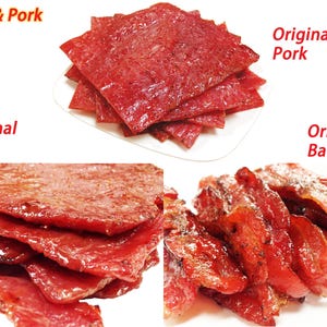 Variety Pack #1 Singapore-Style Fire-Grilled Jerky (12 oz), includes Original Pork 4 oz, Original Beef 4 oz, Original Bacon 4 oz.