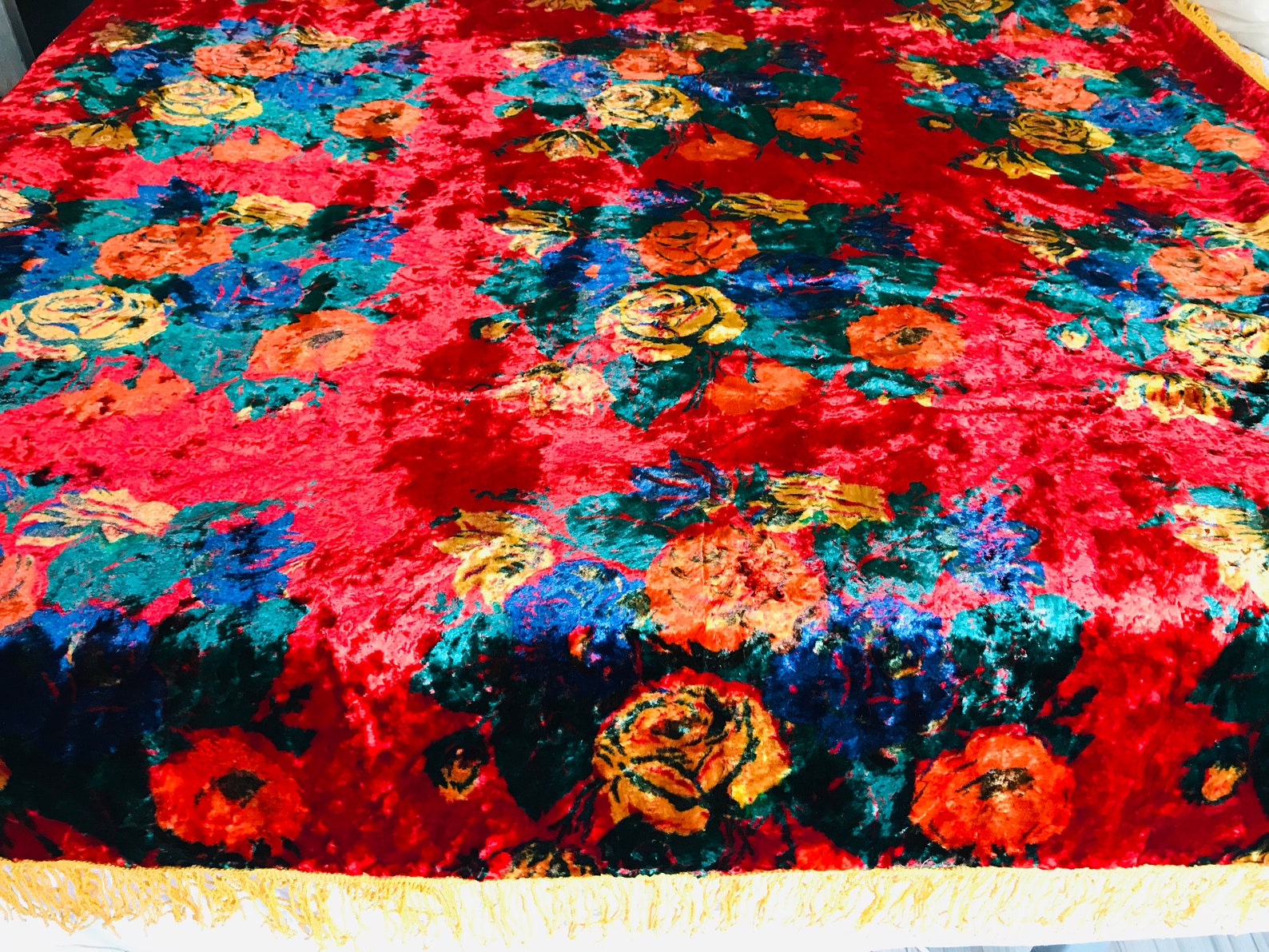 Vintage Red Velvet Tablecloth With Fringe Plush Cover Table Etsy