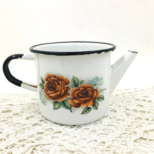 Vintage white enamelware mug teapot Kitchen enamel water cup Primitive enamelware can Retro kitchen container Country cottage Garden decor