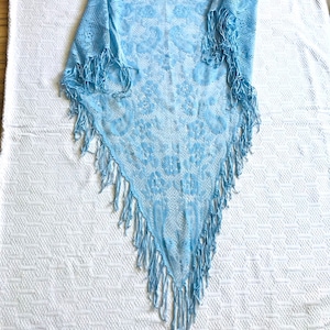 Blue Lace Shawl: Vintage 80s Triangle Scarf with Fringe