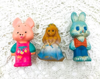 Vintage soviet mini  rubber toys girl princess bunny and piglet 3 Small toys for baby child made of dense rubber Soviet toy USSR 1970-e