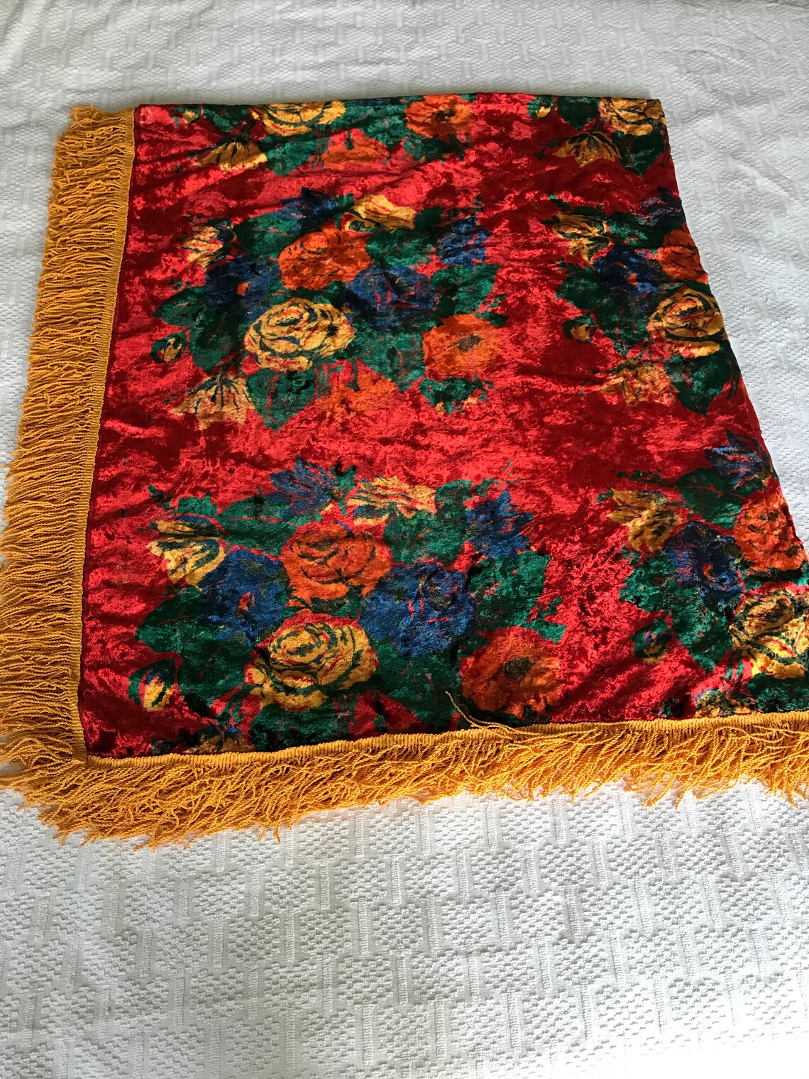 Vintage red velvet tablecloth with fringe Plush cover table Etsy