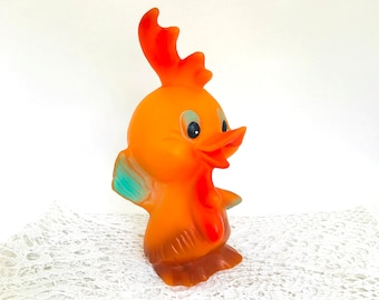 Vintage soviet rubber toy chick Rubber toy for baby child with a squeaker Toy squeaks cockerel Orange chick Soviet toy USSR Soviet era 1970e