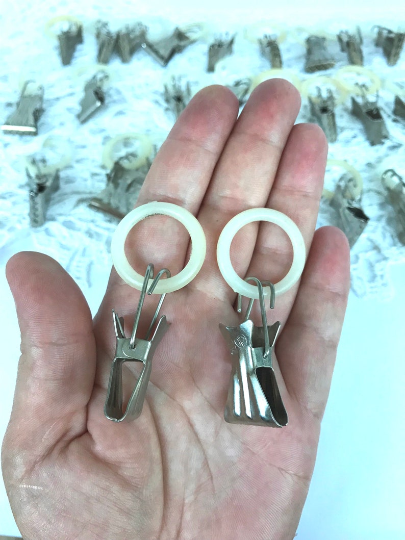 27 vintage curtain clips with plastic rings Curtain ring set Curtain rings with clips Curtain hooks Metal vintage clothespins for curtains image 1
