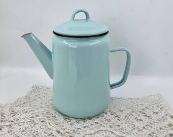 Vintage blue enameled kettle pitcher 1.5 l Kitchen enamel coffee pot Metal teapot Kitchen container Country cottage Garden farmhouse decor