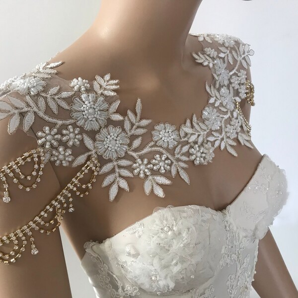Ivory Gold Lace Shoulder Necklace shoulder bridal lace shoulder, wedding shoulder necklace, Rhinestone Necklace, Lace shoulder Jewelry