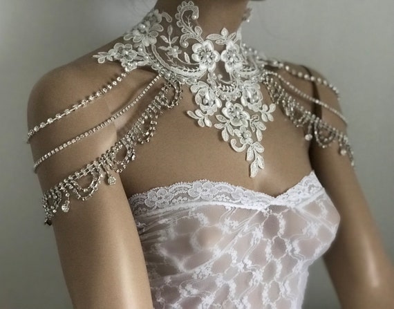 Bridal Dress Shoulder Necklace Rhinestone Lace Shoulder Etsy
