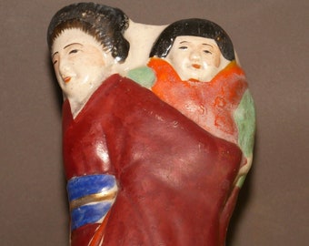 Japanese wall vase, sculpture woman, mother and child old earthenware