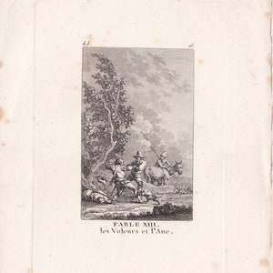 May include: A black and white engraving depicting a scene from the fable "The Thieves and the Donkey". Two men are shown, one on a donkey and the other on foot, with a dog at their feet. The engraving is titled "FABLE XIII: Les Voleurs et l'Ane."