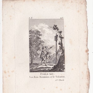 May include: A black and white engraving of two men standing in a forest. One man points to a sign that reads "Le Chemin de la Fortune" which translates to "The Path to Fortune".