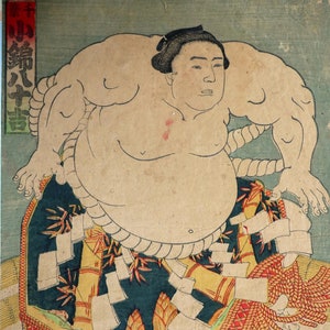 Rare Japanese PRINT 19th century, Toshimasa, Sumo, Original Meiji era JAPAN