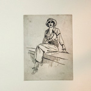 Engraving Renato NATALI 1883 - 1979 woman sitting on a low wall ORIGINAL