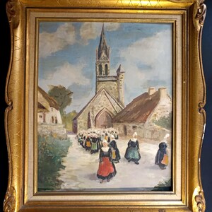 Huile sur carton Procession Village Breton ancienne, DROUOT encadrée tableau non signé Bretagne