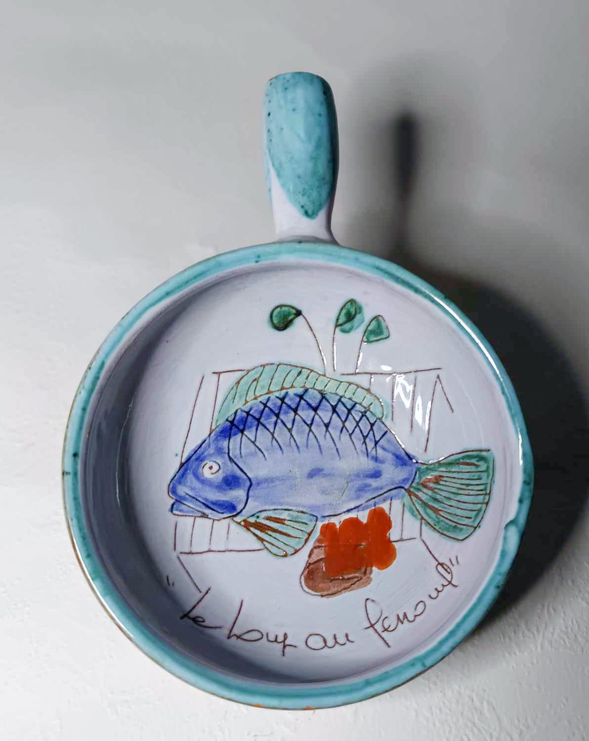 Vallauris ceramic crackle bowl with fish decor, old 60s pocket emptier