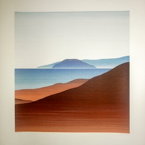 May include: A minimalist landscape painting featuring a blue and purple island in the distance, a blue ocean, and brown hills in the foreground.