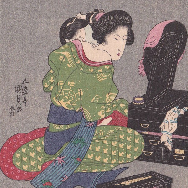 ESTAMPE japonaise KUNISADA, Beauté se maquillant, authentique xylographie Japonaise fait main