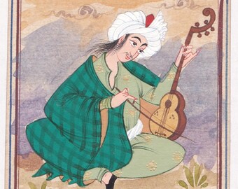 Miniature Indian GOUACHE golden pigment, ORIGINAL handmade, Persian, musician