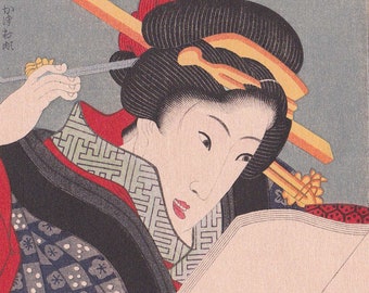 IMPRESIÓN japonesa, lectura de geisha COURTISANE, auténtico ukiyo-e