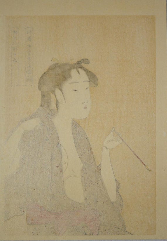日本の木版画 – 喜多川歌麿 – 煙る美人 – 本物の手作り浮世絵 - Etsy 日本