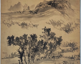 Pintura japonesa antigua en tinta: paisaje singular del siglo XIX y principios del XX.