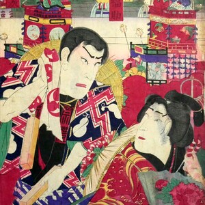 Grabado japonés del siglo XIX, Samurai Geisha, original Edo, Meiji JAPÓN
