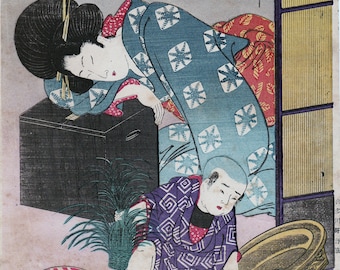 Japanese PRINT, Kitagawa UTAMARO, Mother and child stupidity, goldfish, authentic ukiyo-e